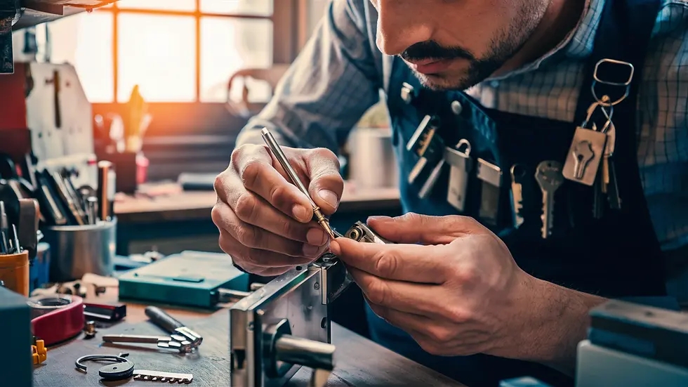 Locksmith working on lock at a cluttered workbench with tools, keys, and a bright window background, focused and detailed atmosphere.