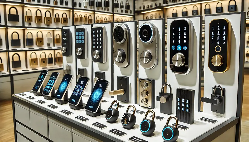 A row of keyless entry locks and smart home devices in a store display, emphasizing advanced lock options like biometric and digital access systems.