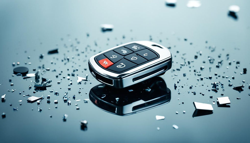 A car key fob laying on a shiny surface with shattered particles and parts scattered around it.