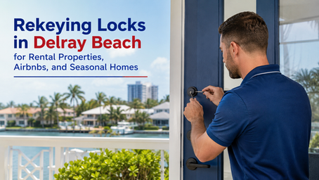 Locksmith rekeying a modern rental property door in Delray Beach with waterfront homes and palm trees in the background, representing Airbnb and seasonal home security services