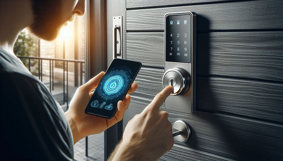 A modern smart lock being installed on a sleek, contemporary front door. The locksmith is seen programming the device using a smartphone, while a digital display on the lock illuminates, showcasing advanced technology seamlessly integrated into the home.