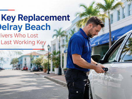 Professional mobile locksmith programming a replacement car key beside a white SUV on a palm-lined street in Delray Beach, Florida, illustrating car key replacement service after losing the last working key.