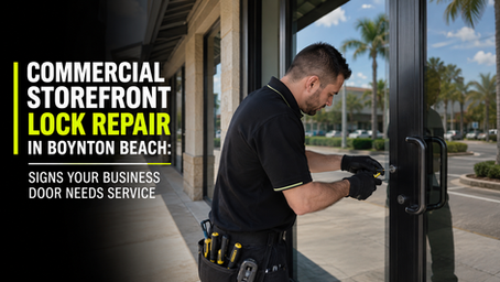 Locksmith repairing a commercial storefront door lock in Boynton Beach with modern retail buildings, glass doors, and palm trees in the background