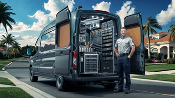 Smiling man stands beside an open van filled with organized tools on a suburban street with palm trees and houses under a bright blue sky.