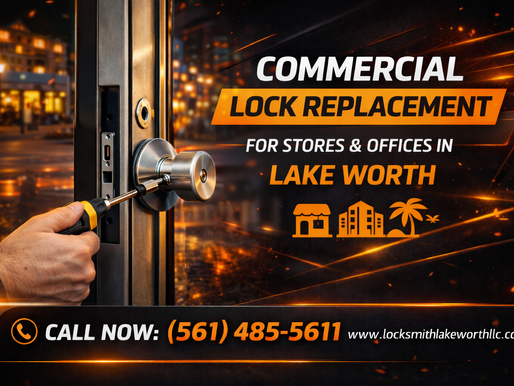 Locksmith installing commercial door lock on storefront in Lake Worth with call now banner and orange black design