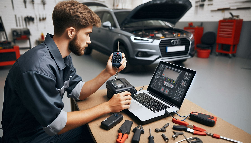 Auto locksmith in blue uniform uses diagnostic tool on laptop to program a car key fob. Gray car with hood open in background. Tools scattered on table.