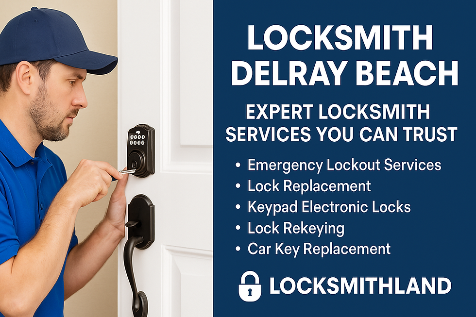 Professional locksmith installing a keypad electronic lock on a white front door with text highlighting Locksmithland’s services including emergency lockout, lock replacement, lock rekeying, and car key replacement in Delray Beach