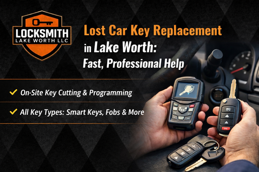 Mobile locksmith performing lost car key replacement and smart key programming in Lake Worth with a branded locksmith van in the background