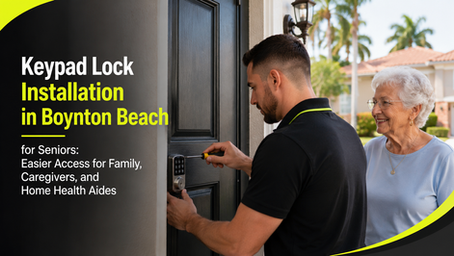 Locksmith installing a keypad door lock for a senior homeowner in Boynton Beach, demonstrating secure keyless home access for family members, caregivers, and home health aides