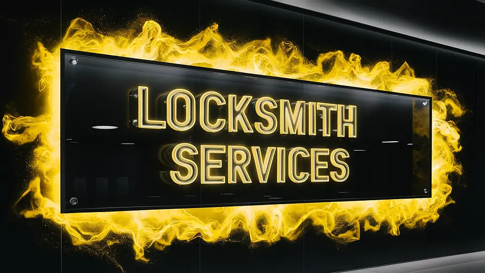 A stunning photograph of a sleek black display wall, surrounded by a vibrant yellow energy field that exudes magic and intrigue. The glowing field highlights a sign crafted from chrome-like yellow letters, proudly announcing "Locksmith Services." The sign's glowing yellow background emphasizes the expertise and professionalism of the locksmith service. The overall atmosphere of the image is captivating and mysterious, drawing in the viewer's attention.
