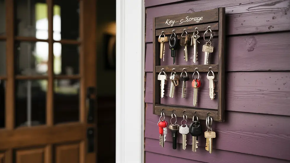 A neatly organized key holder by a home's entrance with various labeled keys hanging, emphasizing designated key storage as a preventive measure against lockouts.