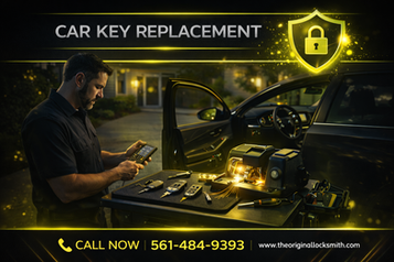 Automotive locksmith performing car key replacement and programming a key fob next to a vehicle in Boynton Beach
