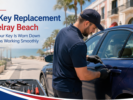 Locksmith replacing a worn car key on a blue vehicle in Delray Beach, Florida, with palm trees and a coastal streetscape in the background.