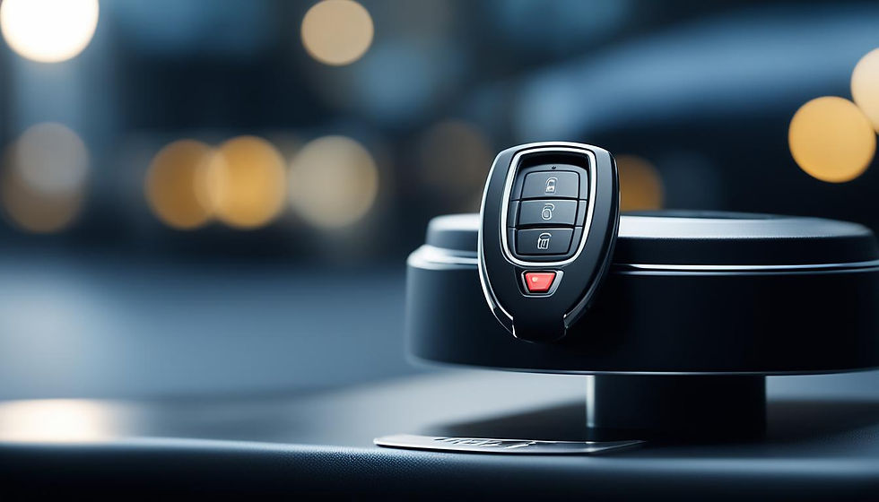 A car key fob sitting on a circular stand.