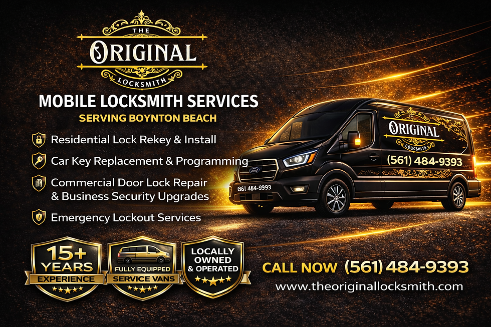 Mobile locksmith services ad with van, gold text and logos. Services listed: rekeying, key replacement, lock repair, emergency lockout.