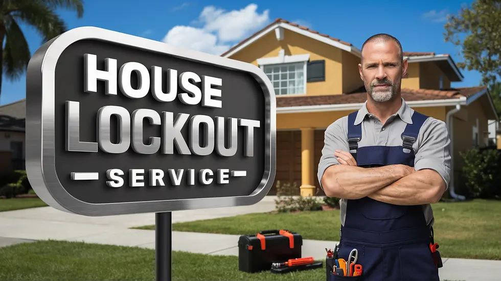 Locksmith in overalls stands confidently by a house under blue sky. "House Lockout Service" sign and toolbox visible.
