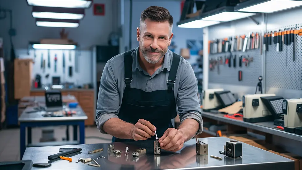 A Locksmith working in his workshop on a stainless-steel table. He’s working on a lock. many precision tools and the disassembled lock parts are organized on the table. The shop has bright lighting and in the shop background you can see a lot of tools, locks and keys hanging organized on the walls and some key cutting machines and programmers.