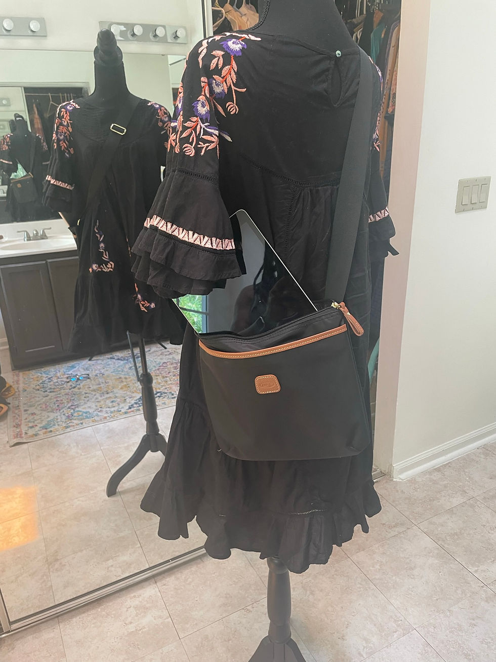 Thumbnail: BRIC's Milano Women's Nylon Black Color Shoulder Bag with Brown Leather Trim