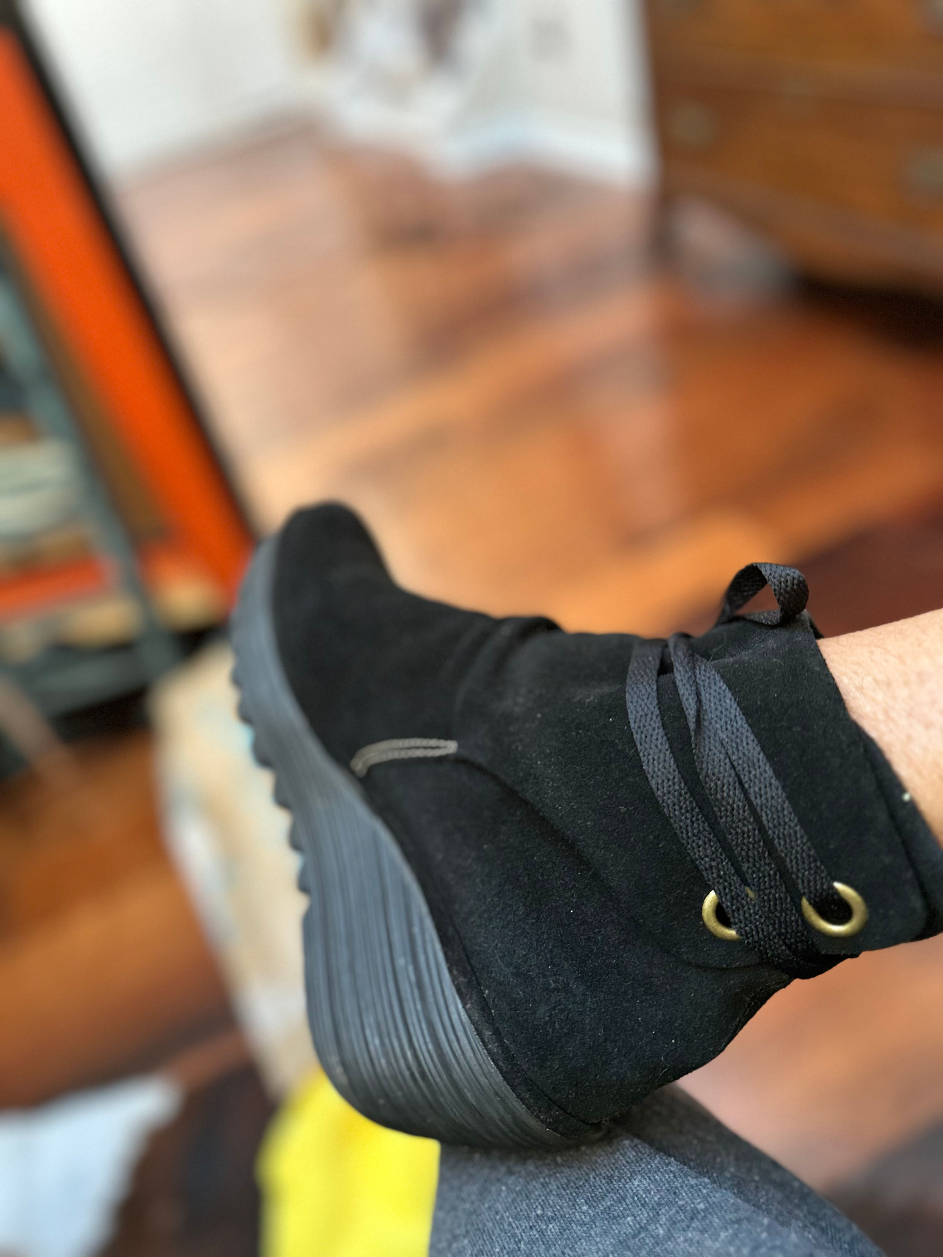 Fly London Yoma Ankle Wedge Black Suede Booties - Size 40/9.5