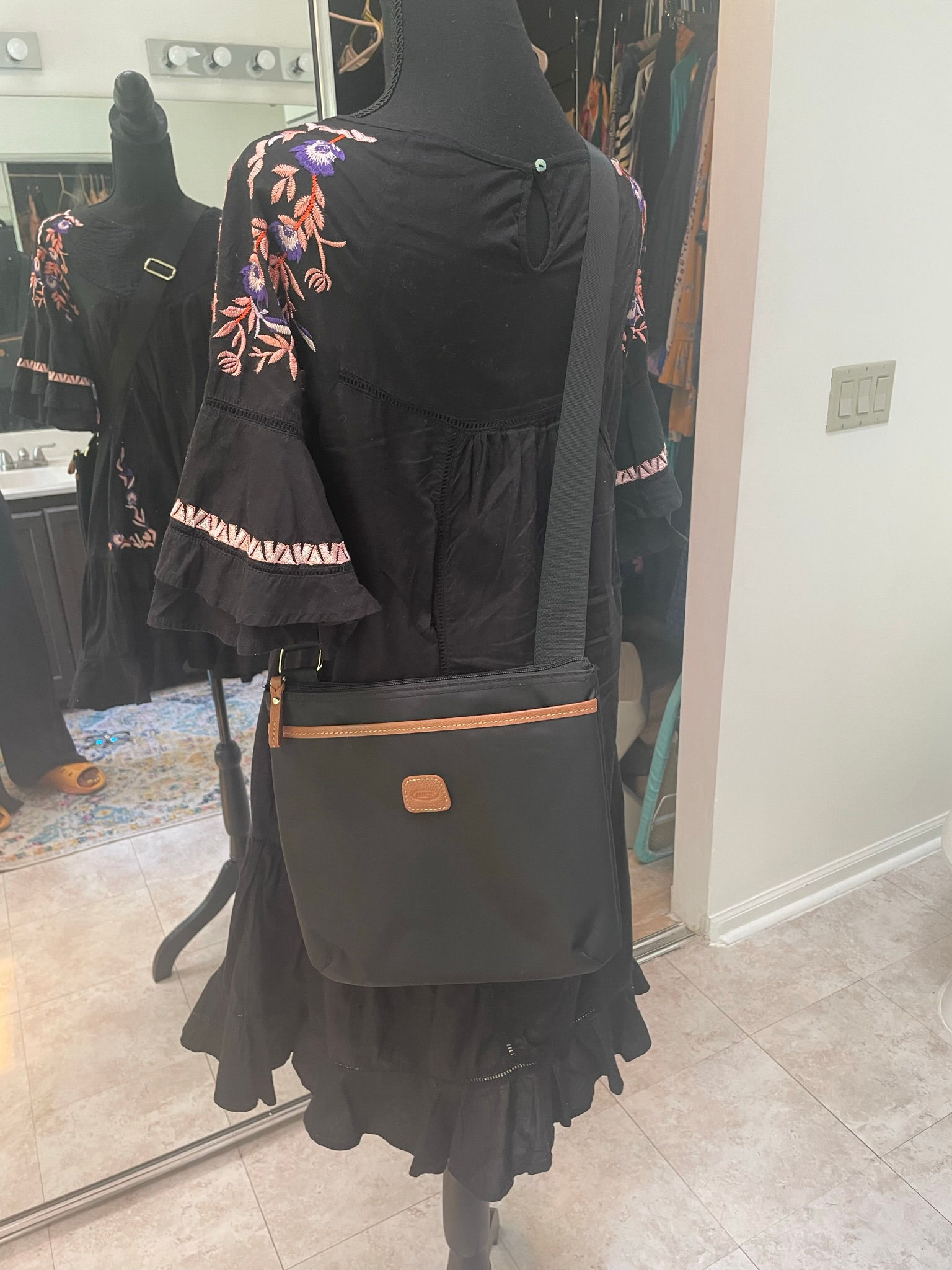 BRIC's Milano Women's Nylon Black Color Shoulder Bag with Brown Leather Trim