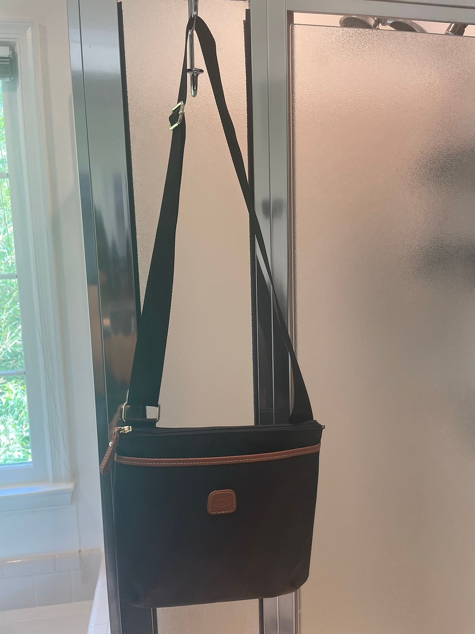Thumbnail: BRIC's Milano Women's Nylon Black Color Shoulder Bag with Brown Leather Trim