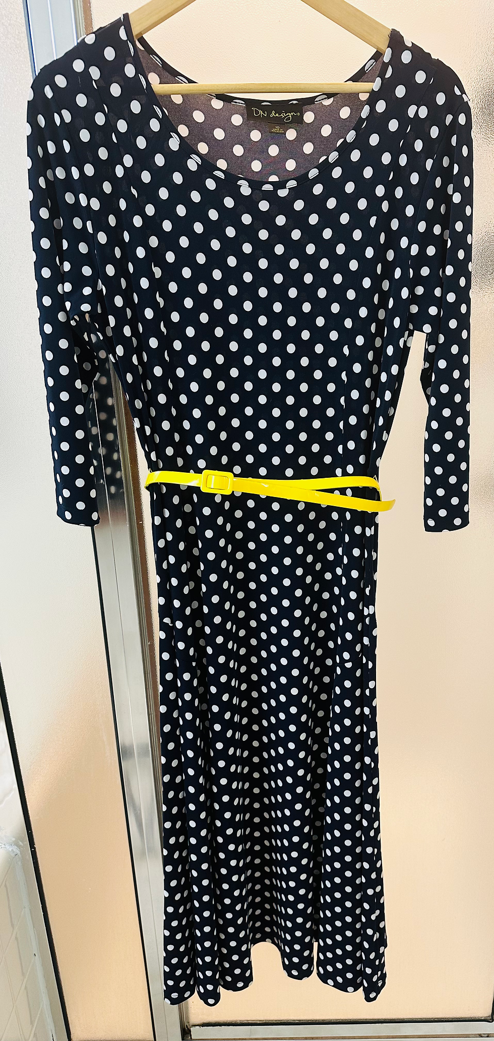 Thumbnail: DN design White Poka Dot Navy Blue Dress - Size 10