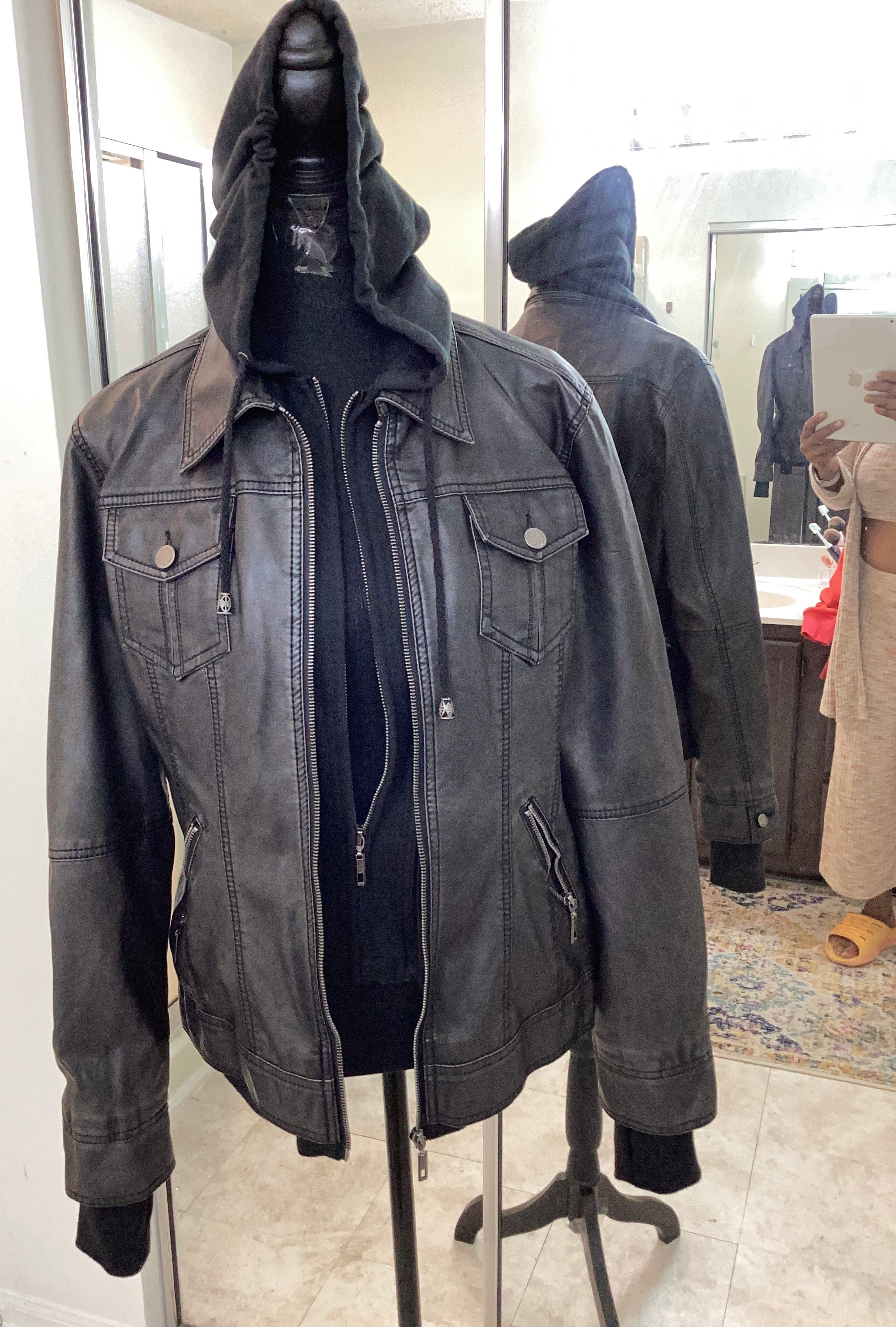 Lock & Love Removable Hooded Black Vegan Leather Jacket - Size L