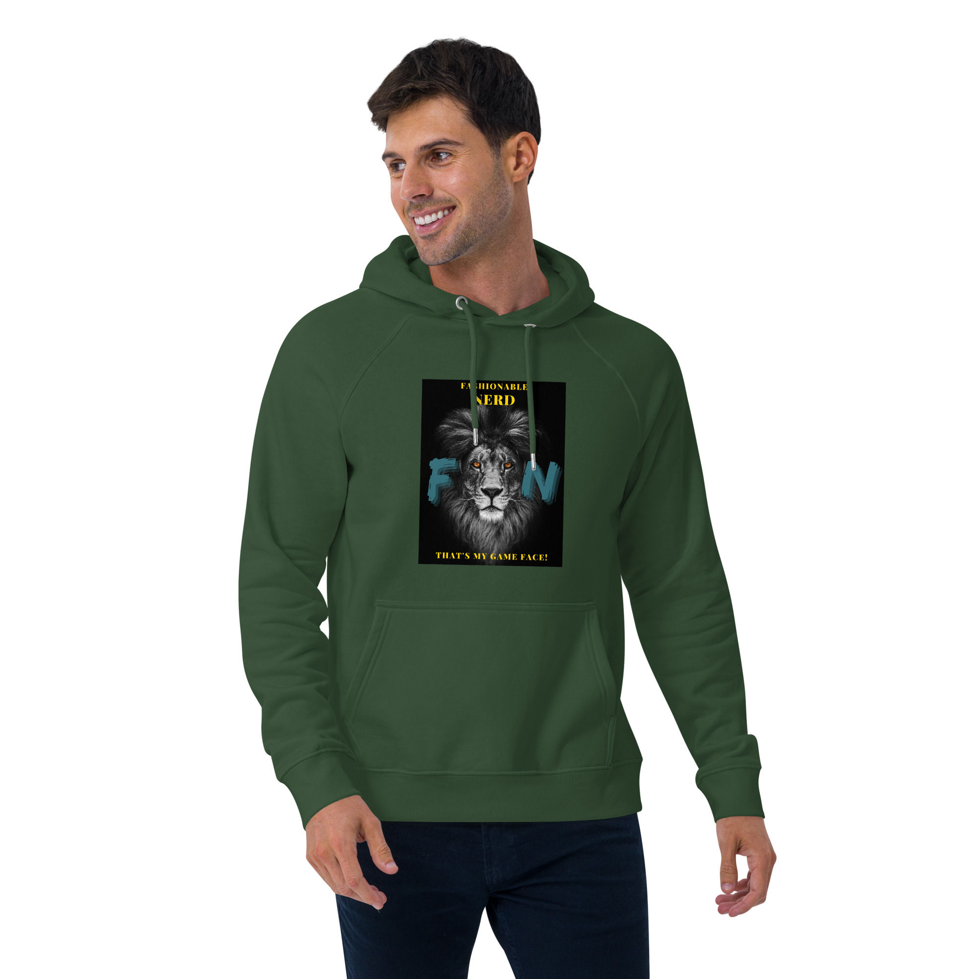 Eco raglan hoodie with Fashionable Nerd Print