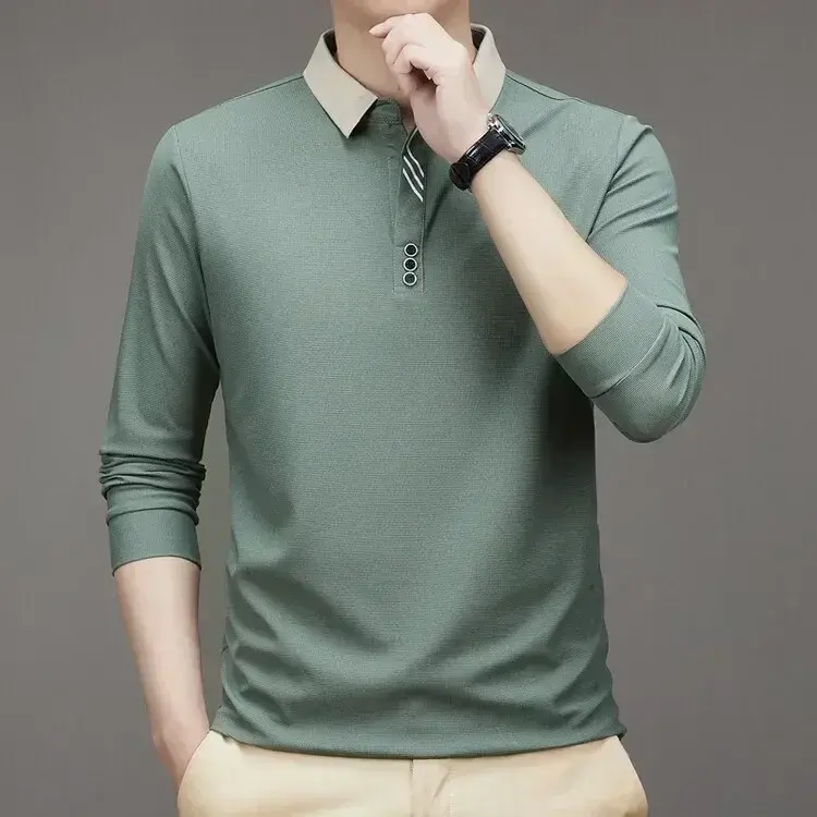 Thumbnail: Men's Long Sleeve Turn-Down Collar Waffle T-Shirt Business Casual Polo Shirt Tee
