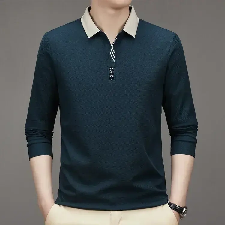 Thumbnail: Men's Long Sleeve Turn-Down Collar Waffle T-Shirt Business Casual Polo Shirt Tee