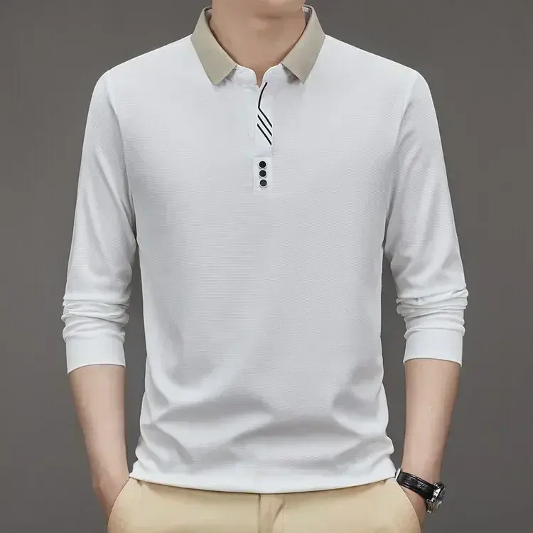 Thumbnail: Men's Long Sleeve Turn-Down Collar Waffle T-Shirt Business Casual Polo Shirt Tee