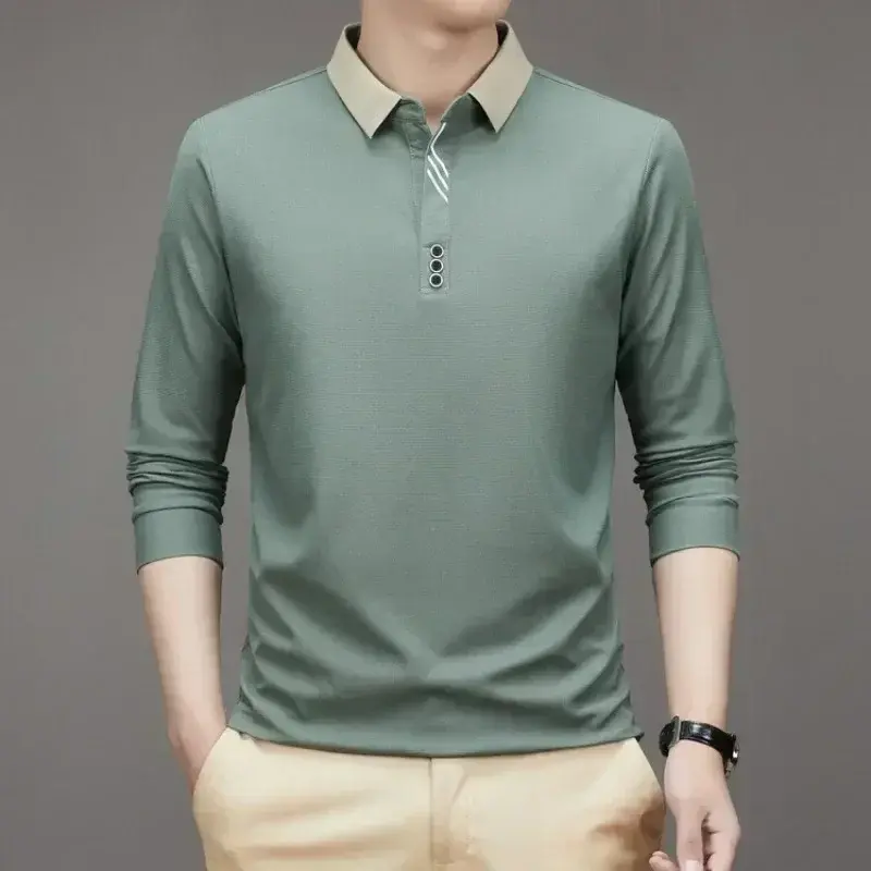Thumbnail: Men's Long Sleeve Turn-Down Collar Waffle T-Shirt Business Casual Polo Shirt Tee