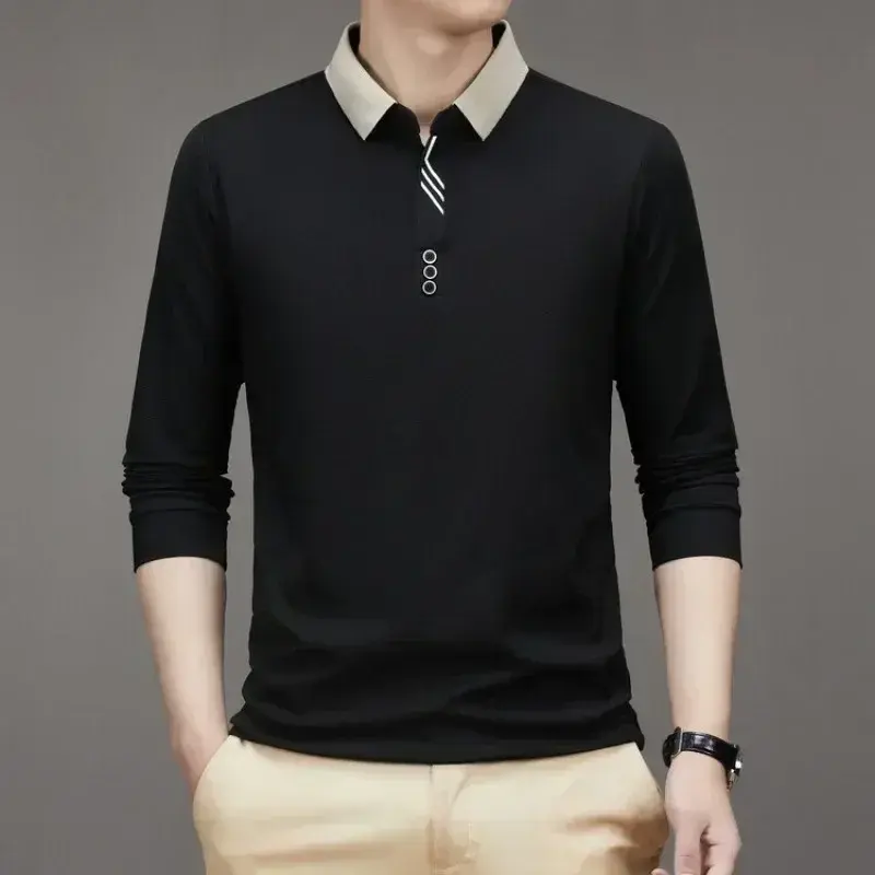 Thumbnail: Men's Long Sleeve Turn-Down Collar Waffle T-Shirt Business Casual Polo Shirt Tee