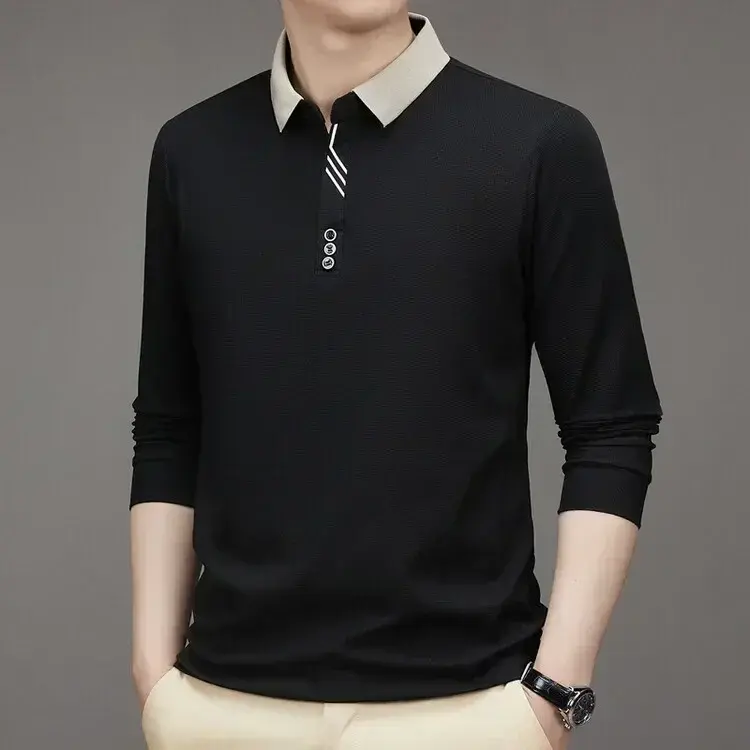 Thumbnail: Men's Long Sleeve Turn-Down Collar Waffle T-Shirt Business Casual Polo Shirt Tee