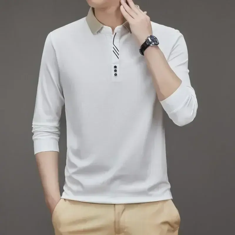 Thumbnail: Men's Long Sleeve Turn-Down Collar Waffle T-Shirt Business Casual Polo Shirt Tee