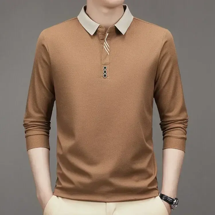Thumbnail: Men's Long Sleeve Turn-Down Collar Waffle T-Shirt Business Casual Polo Shirt Tee