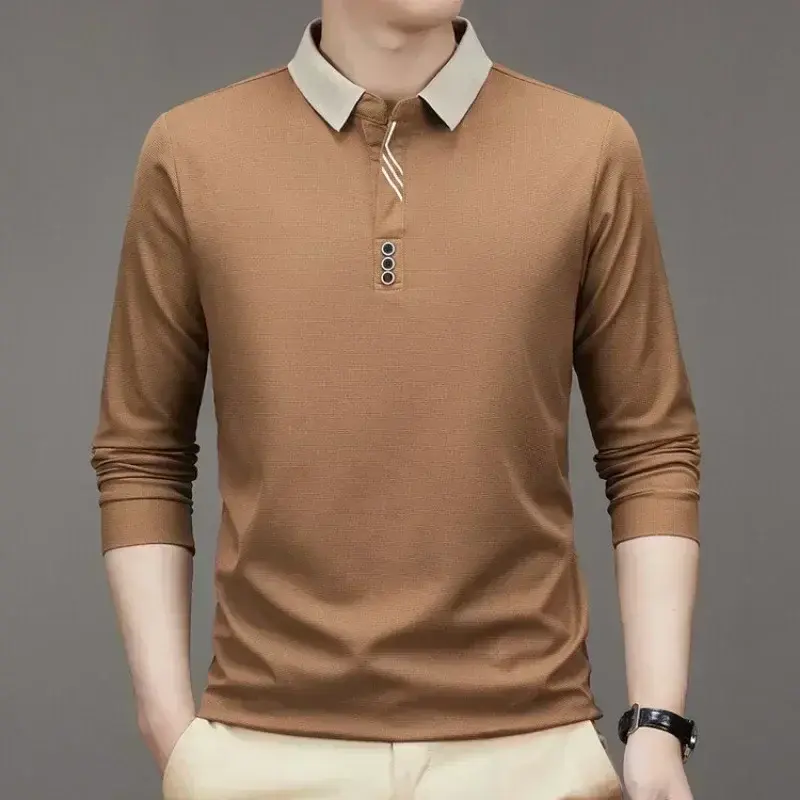 Thumbnail: Men's Long Sleeve Turn-Down Collar Waffle T-Shirt Business Casual Polo Shirt Tee
