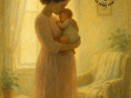 אם ותינוקה ברגע של קדושה שקטה, עטופים באור רך ובחום ביתי
