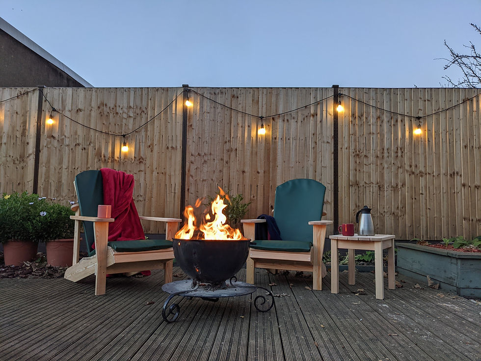 Thumbnail: Pair of Canadian Muskoka Chairs with Cushions around a Fire Pit