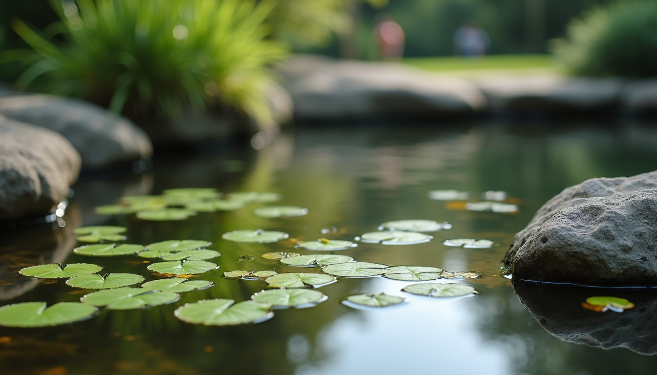 Close-up view of a backyard pond with aquatic plants and rocks