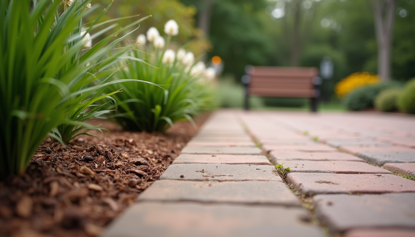 Close-up view of a brick patio with native plants and mulch