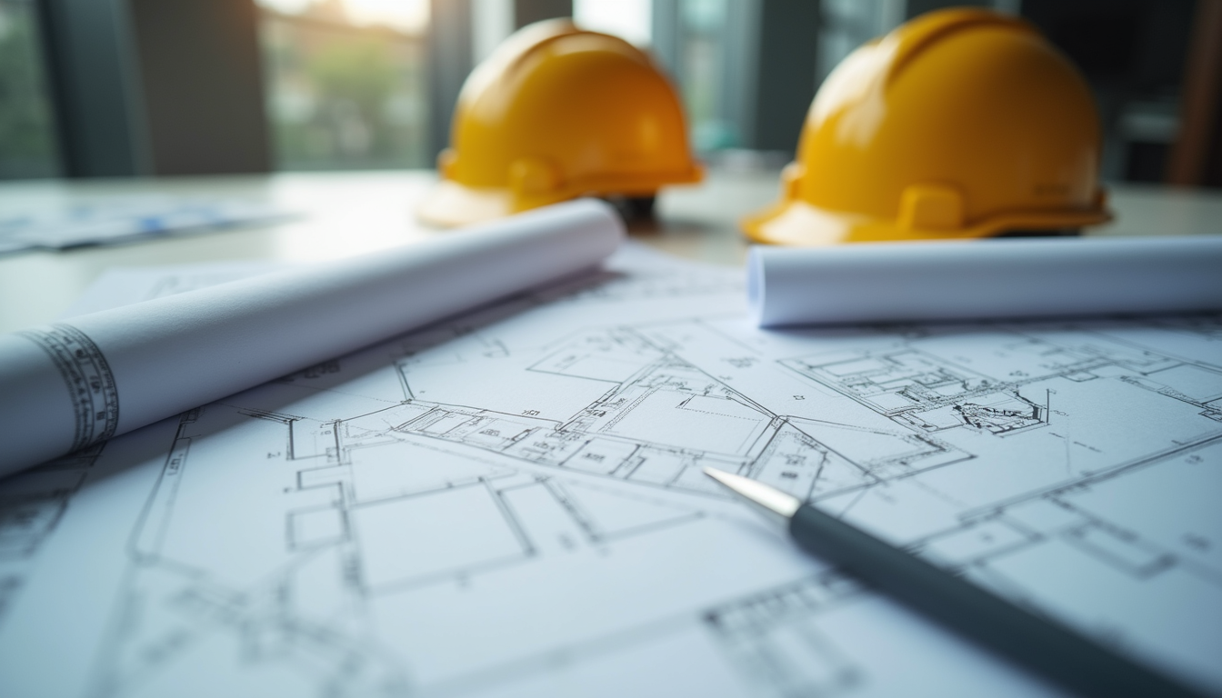 Close-up view of architectural plans and construction tools on a desk