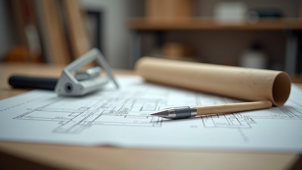 Close-up view of architectural plans and construction tools on a workbench