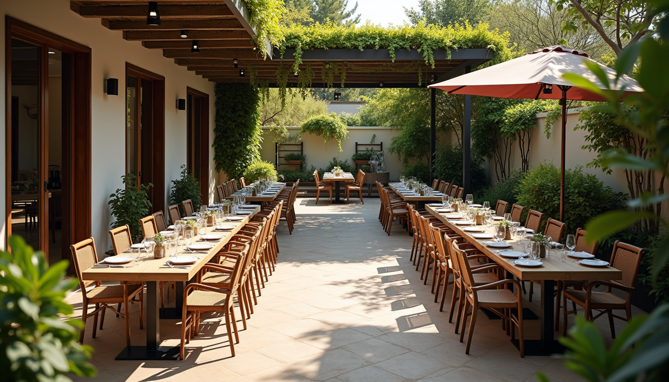 High angle view of a well-organized outdoor dining area with a pergola