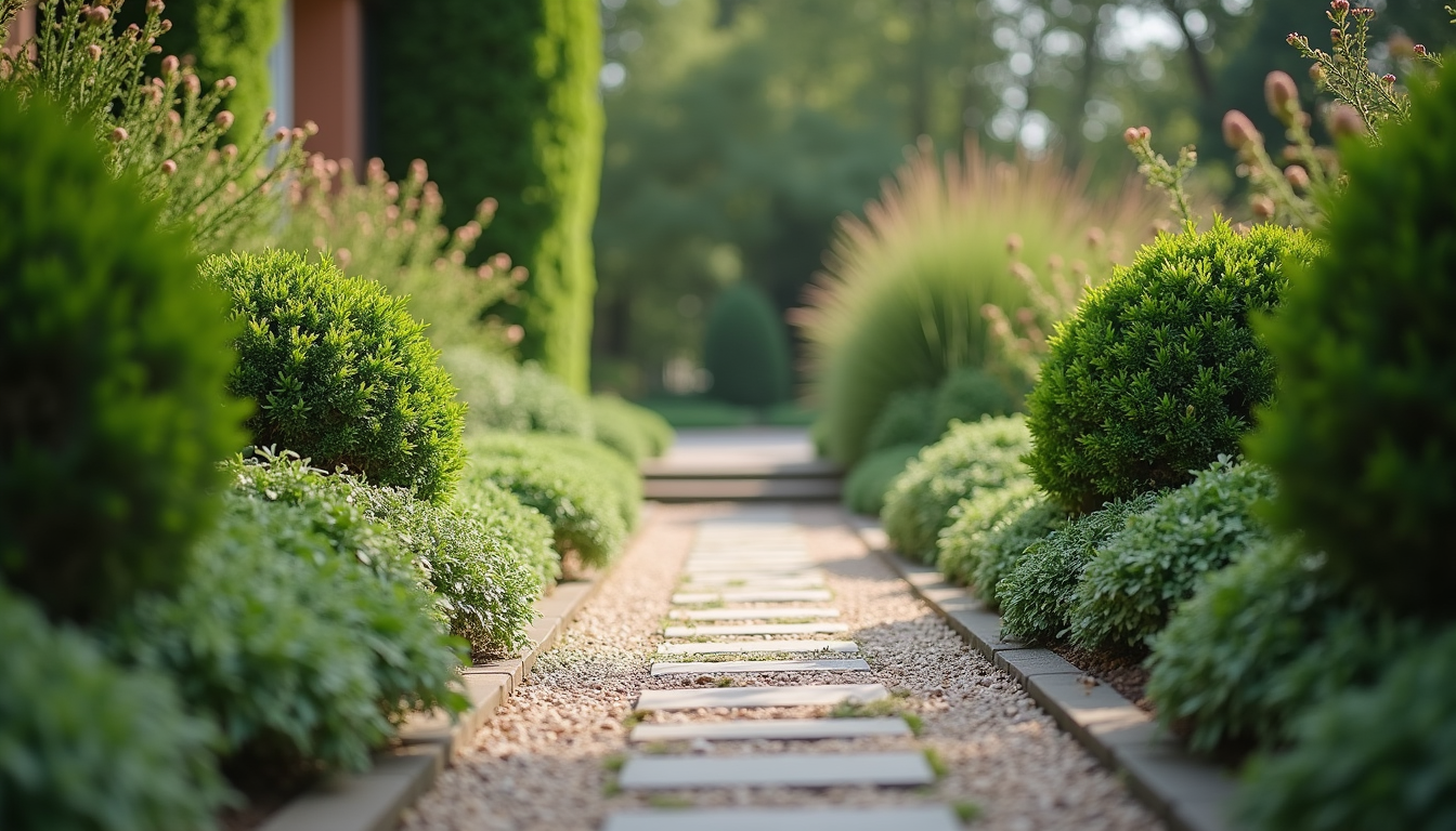 Eye-level view of a garden pathway lined with mixed shrubs and stone edging