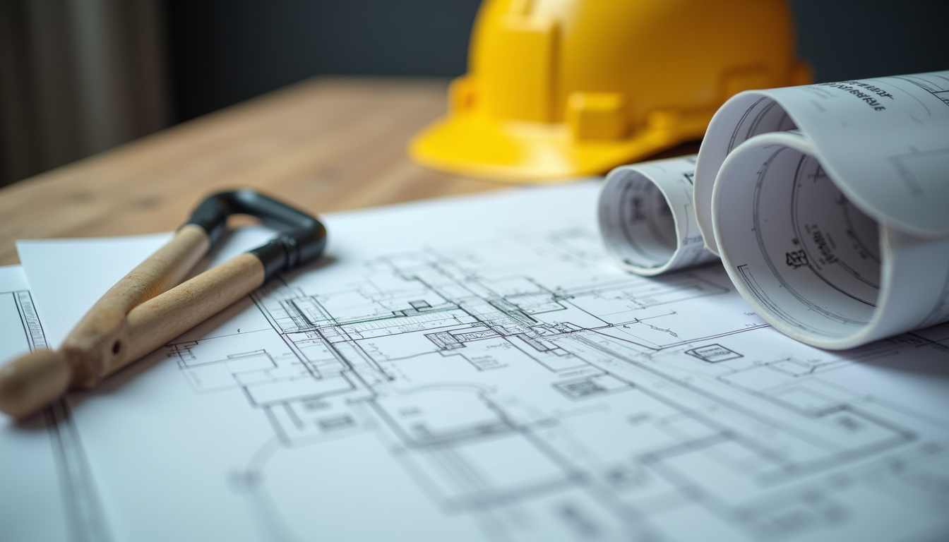 Close-up view of architectural blueprints and construction tools on a wooden table