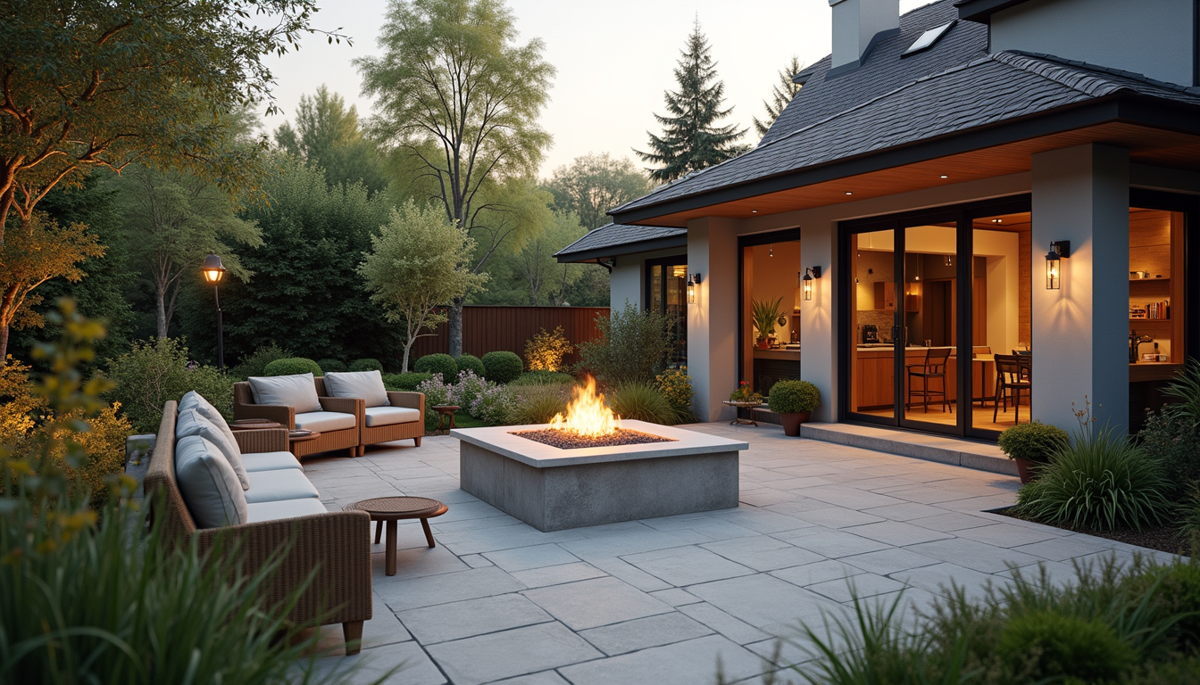Wide angle view of a landscaped backyard with a fire pit and seating area
