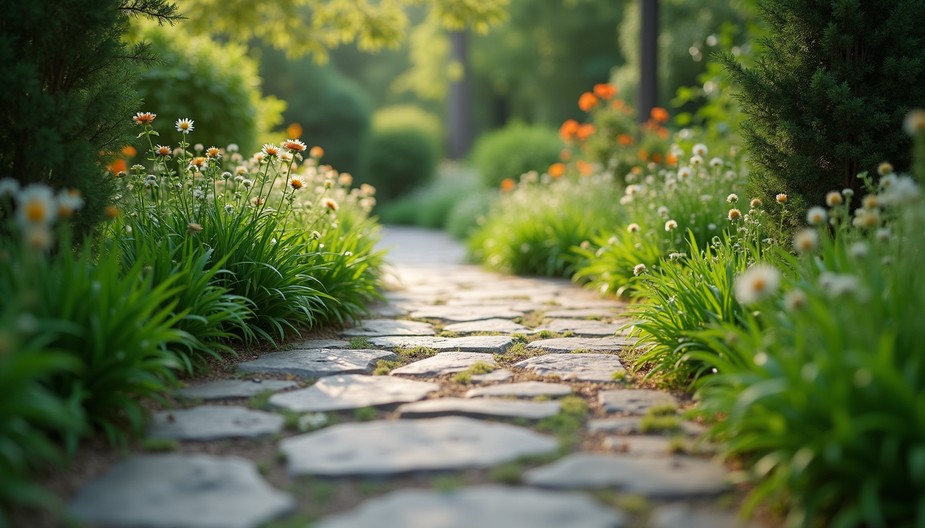 Eye-level view of a stone pathway winding through a lush garden