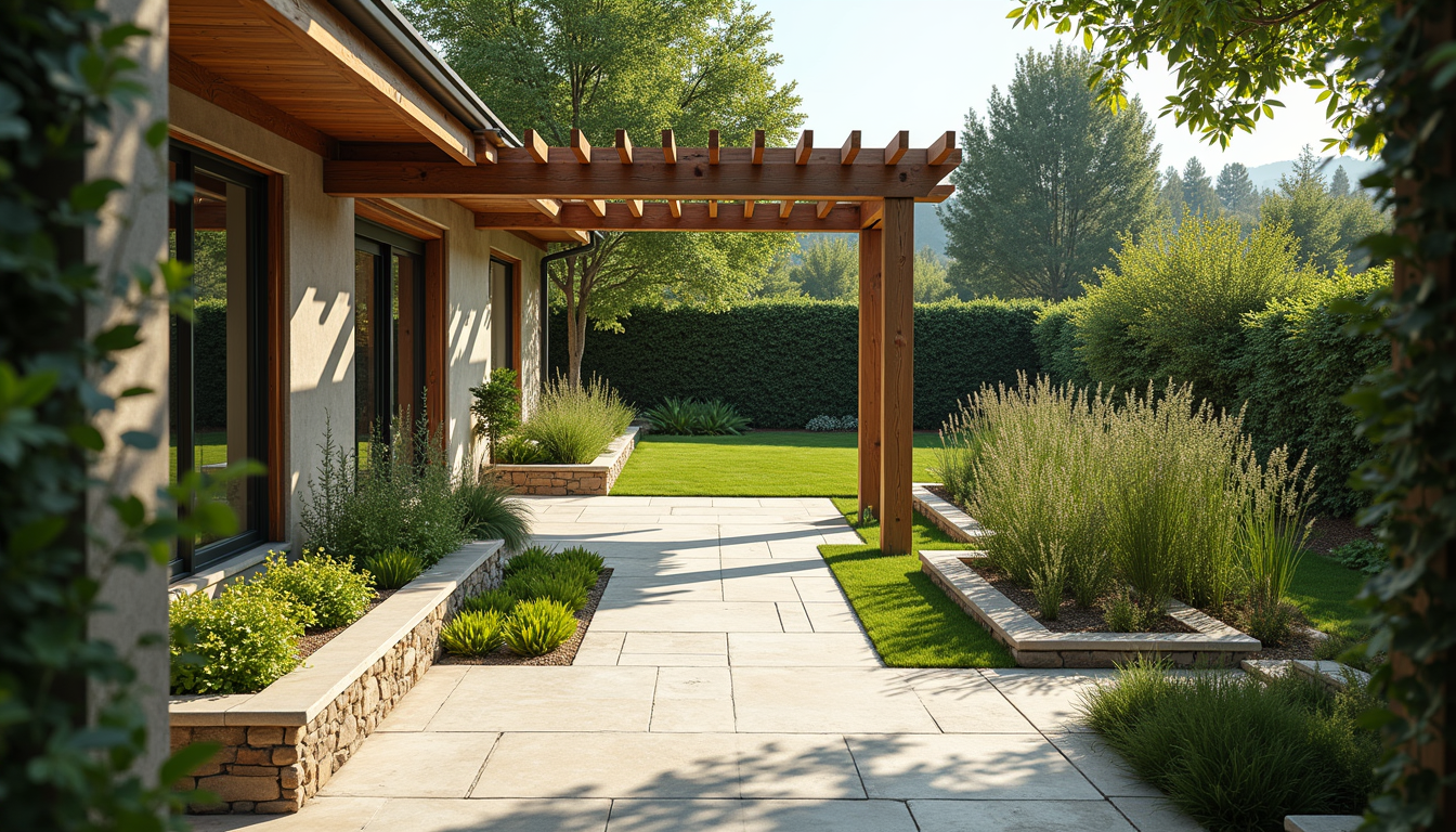 High angle view of a landscaped backyard with a pergola and garden beds