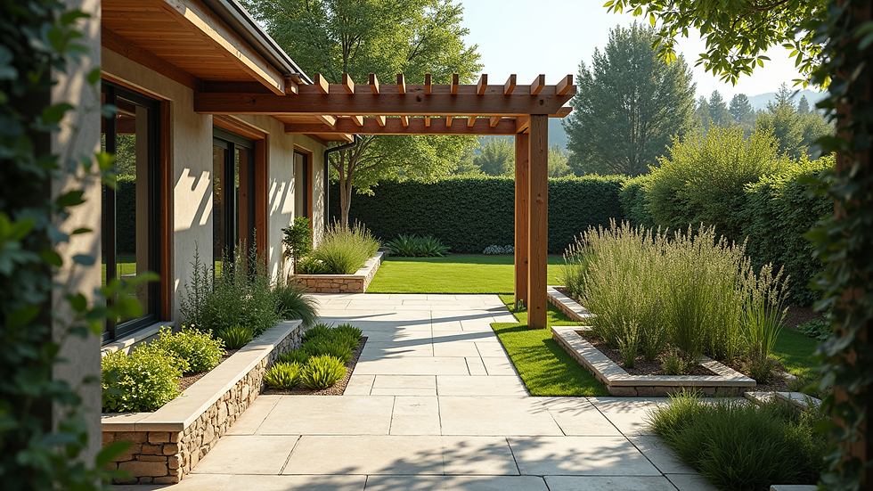 High angle view of a landscaped backyard with a pergola and garden beds